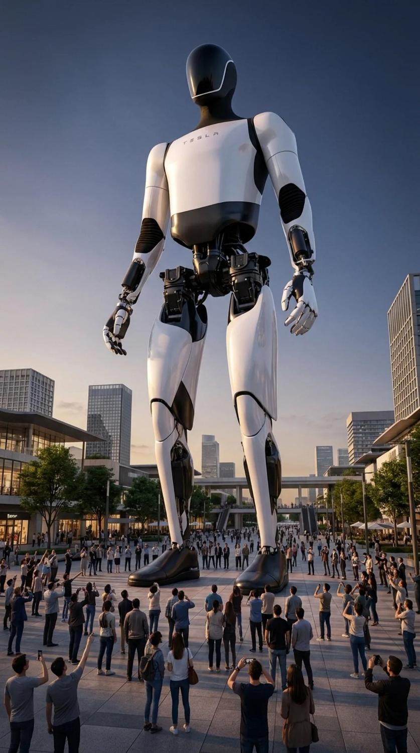 Giant Optimus robot standing over a city plaza